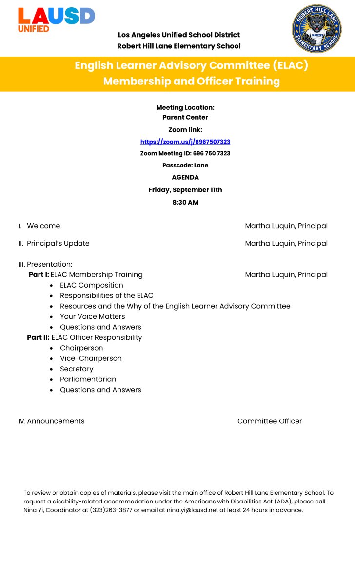 ELAC Meeting #1 Agenda